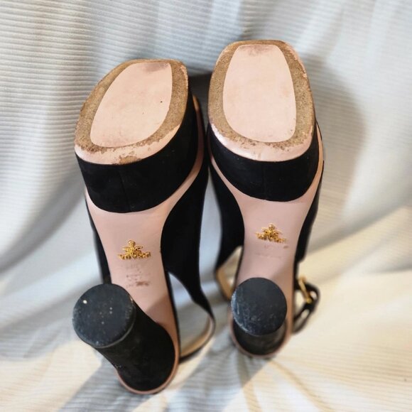 PRADA Black Suede Heel Size 40 Gold Detailing Made In Italy Pre-Owned No Box - Picture 5 of 10